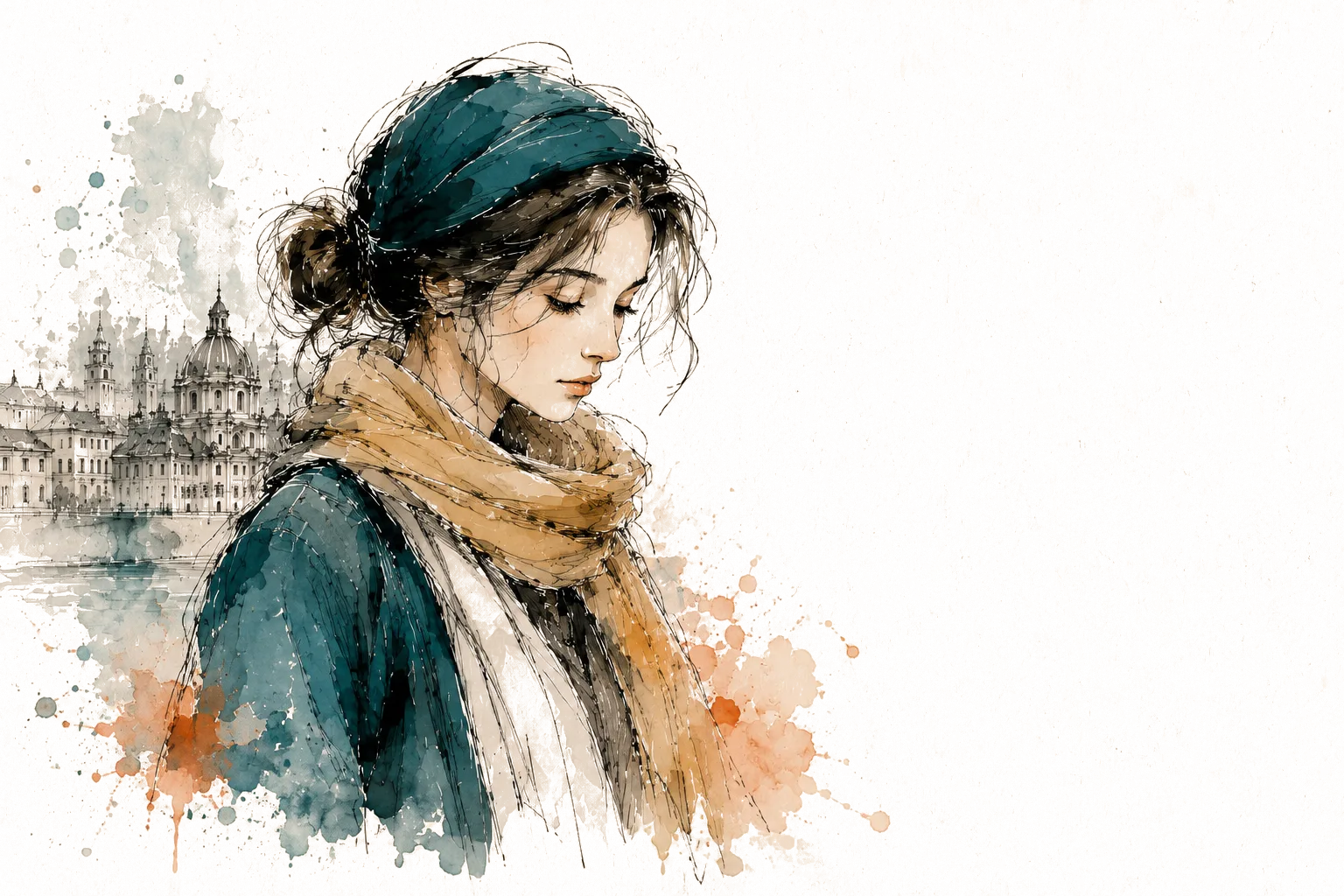 Tusche- und Aquarellporträt einer Frau mit petrolblauem Kopftuch und ockerfarbenem Schal vor einer skizzierten Altstadt