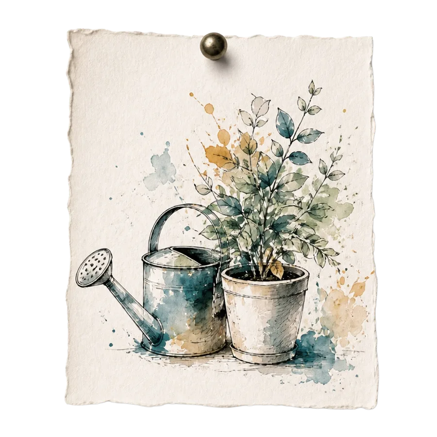 Tusche-Aquarell-Karte: Giesskanne mit Topfpflanze